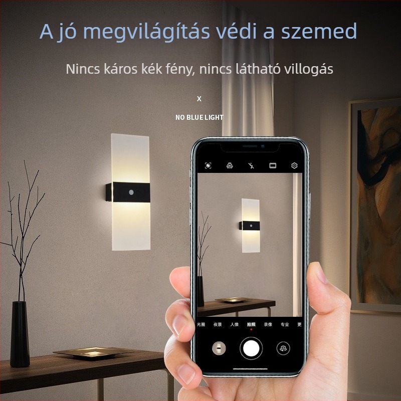 Újratölthető LED-fali lámpa, fokozatmentes fényerő-szabályozás, mozgásérzékelő, USB 5V töltés, nagy kapacitású éjszakai fény BD818