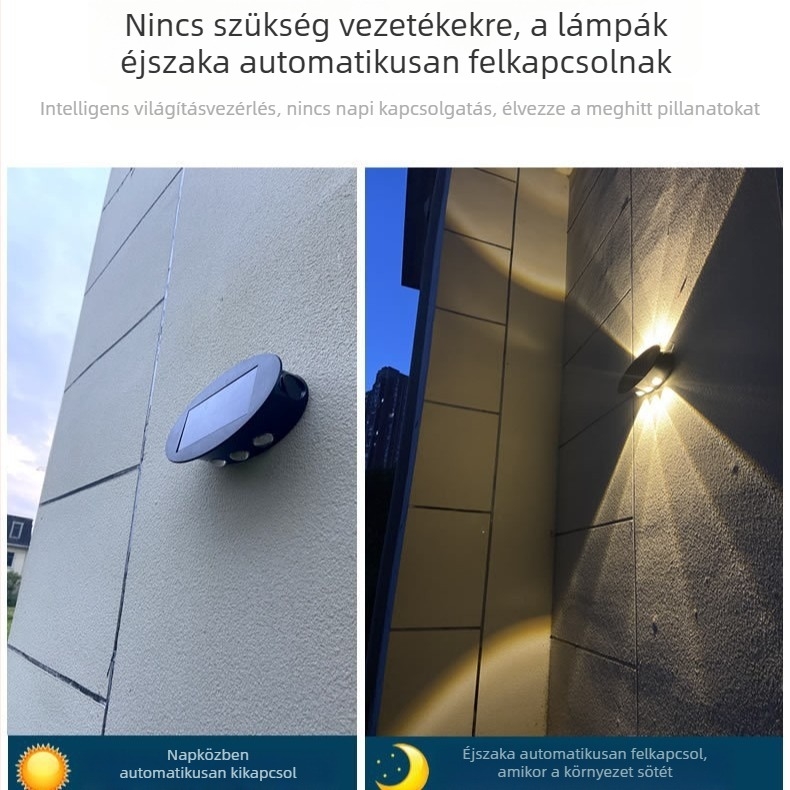 Napelemes falikar kétirányú világítással, kültéri használatra, vízálló a kertben, kerítésnél és az udvaron
