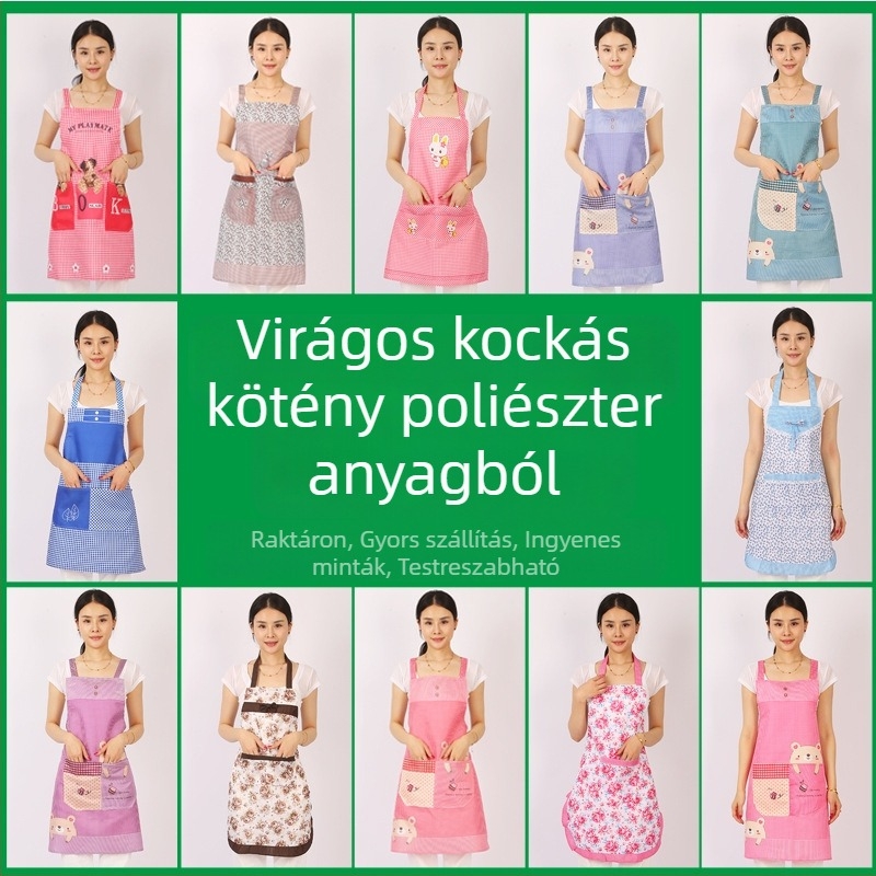 Poliészter kötény felnőtteknek, uniszex, logóval nyomtatva, rajzfilmszerű kockás mintával, egy méretben.