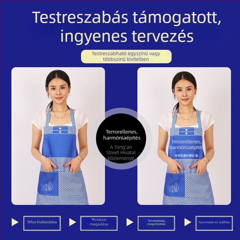 Poliészter kötény felnőtteknek, uniszex, logóval nyomtatva, rajzfilmszerű kockás mintával, egy méretben.