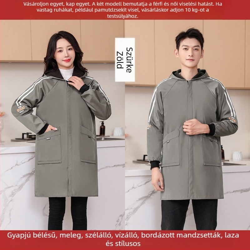 Téli fleece-bélelt vízálló konyhai kötény, uniszex, hosszú ujjú, strapabíró munkaruházat