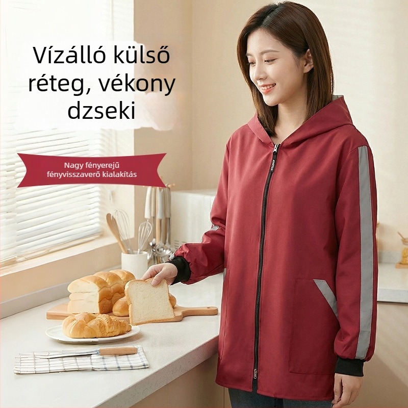 Tavaszi kötény ujjakkal és logónyomással, modern munkaruházat otthoni konyhához