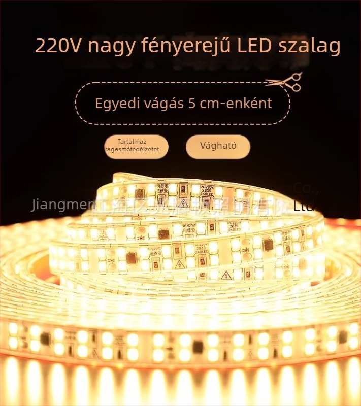 LED-szalag 220V, nappaliba, mennyezetbe épített, kültéri vízálló, 9W, 46 LED 3528, 120° fénysugár, egyszínű