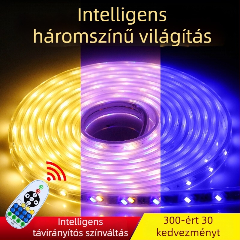 Lila LED-szalag, háromszínű színváltás, vízálló, 220V dekoratív fénycsík a nappali mennyezetére és a kültérre