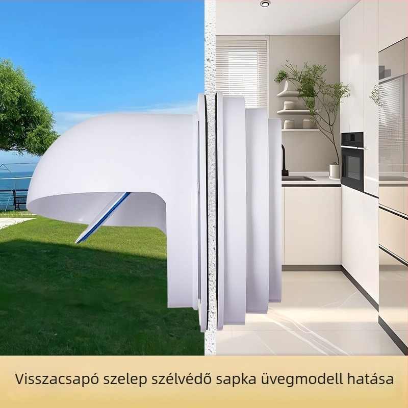 Kiegészített konyhai elszívó visszacsapó szelep szélvédett sapkával – falon át történő telepítéshez, üvegből készült konstrukció, esőálló és madárvédett