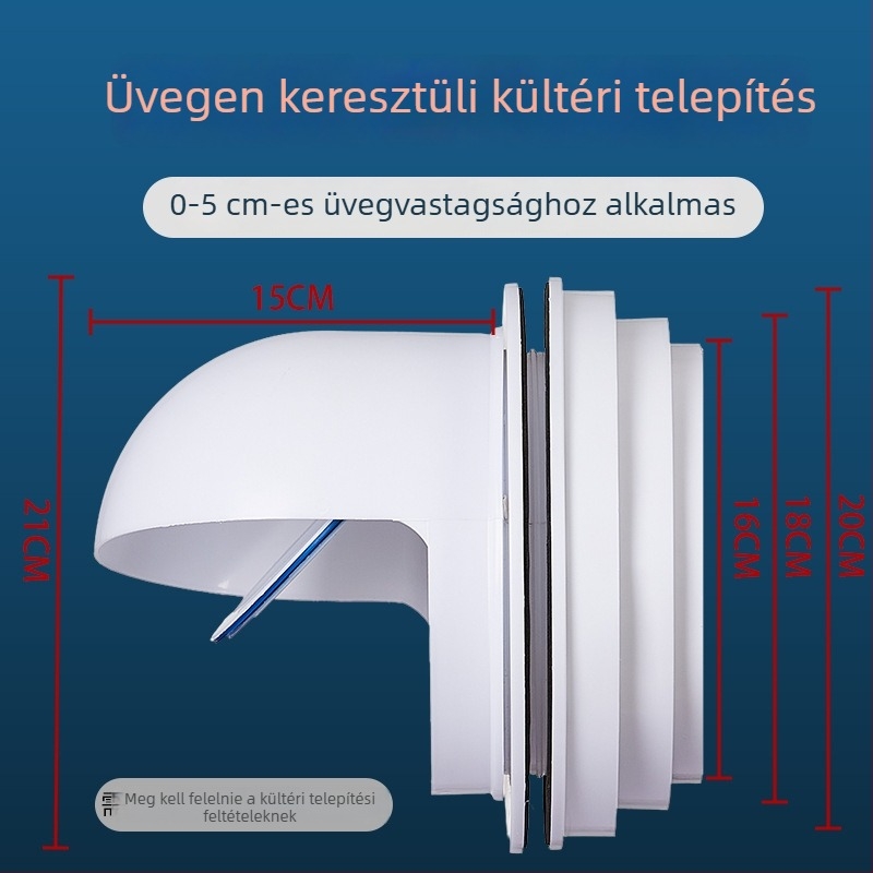 Kiegészített konyhai elszívó visszacsapó szelep szélvédett sapkával – falon át történő telepítéshez, üvegből készült konstrukció, esőálló és madárvédett