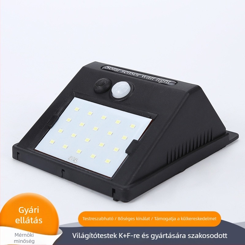 20 LED napelemes szenzoros falikar, kültéri éjszakai világítás járdára és kertre