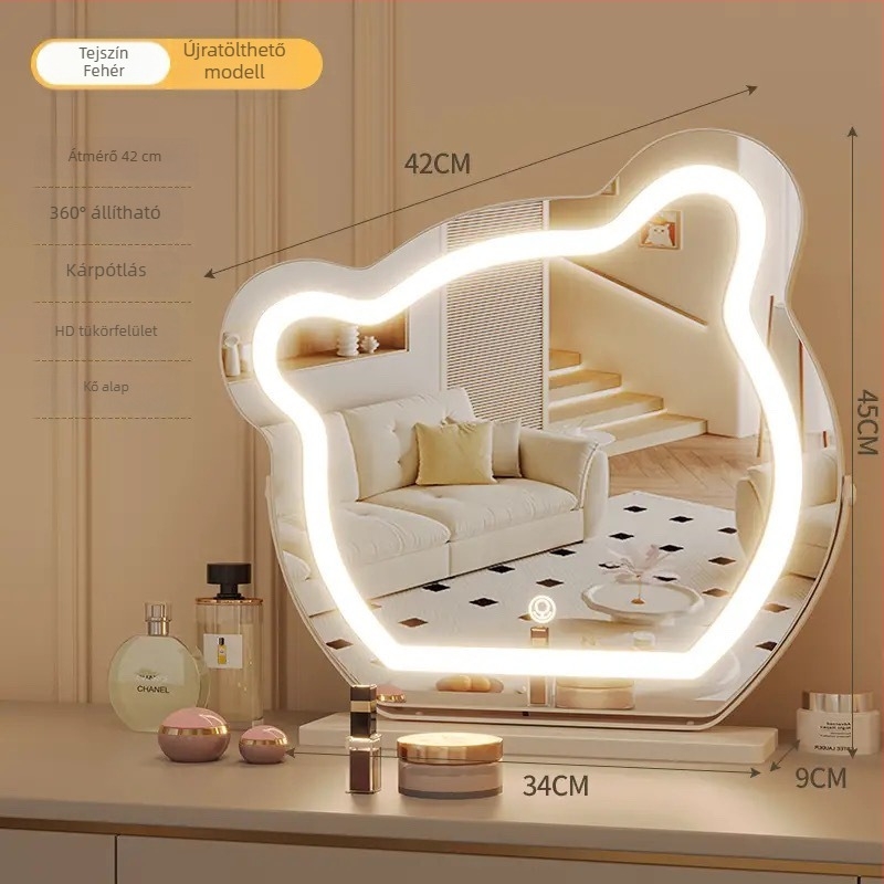 LED sminktükör medve motívummal, asztali sminkasztalhoz