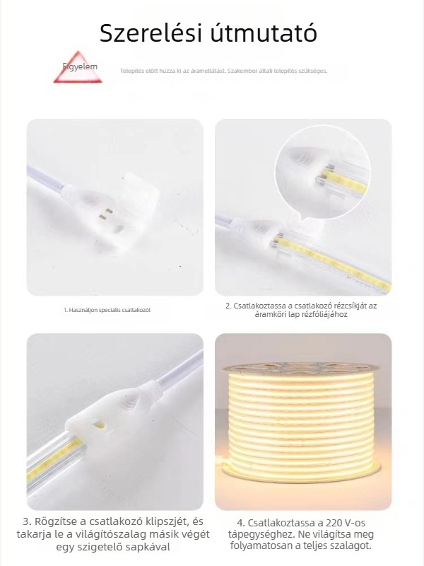 COB magasfeszültségű kültéri LED-szalag, vízálló, 220V, rugalmas, 320/420 LED, 180° fényhatás, fokozatmentes fényerő-szabályozás, intelligens vezérlés, CRI 90
