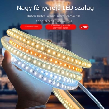 220V-os magasfeszültségű LED-szalag, 10 cm-enként vágható, kültéri, beépített csatornákhoz alkalmas, vízálló