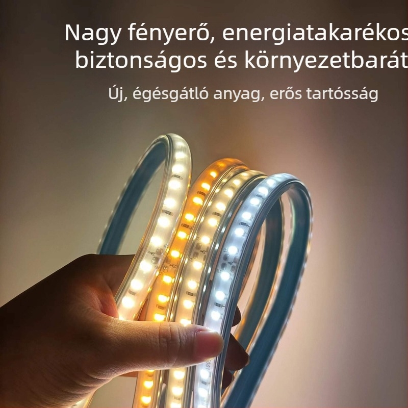 220V-os magasfeszültségű LED-szalag, 10 cm-enként vágható, kültéri, beépített csatornákhoz alkalmas, vízálló