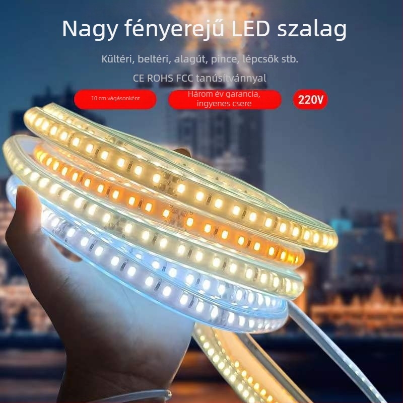 220V-os magasfeszültségű LED-szalag, 10 cm-enként vágható, kültéri, beépített csatornákhoz alkalmas, vízálló