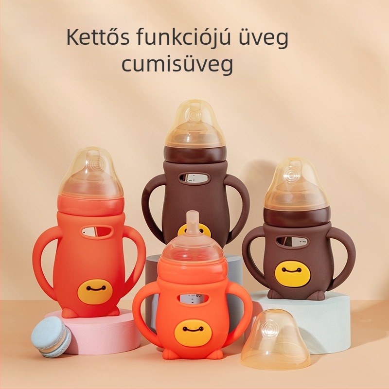 Új üvegből készült cumisüveg babáknak, fogantyúval és védőtokkal
