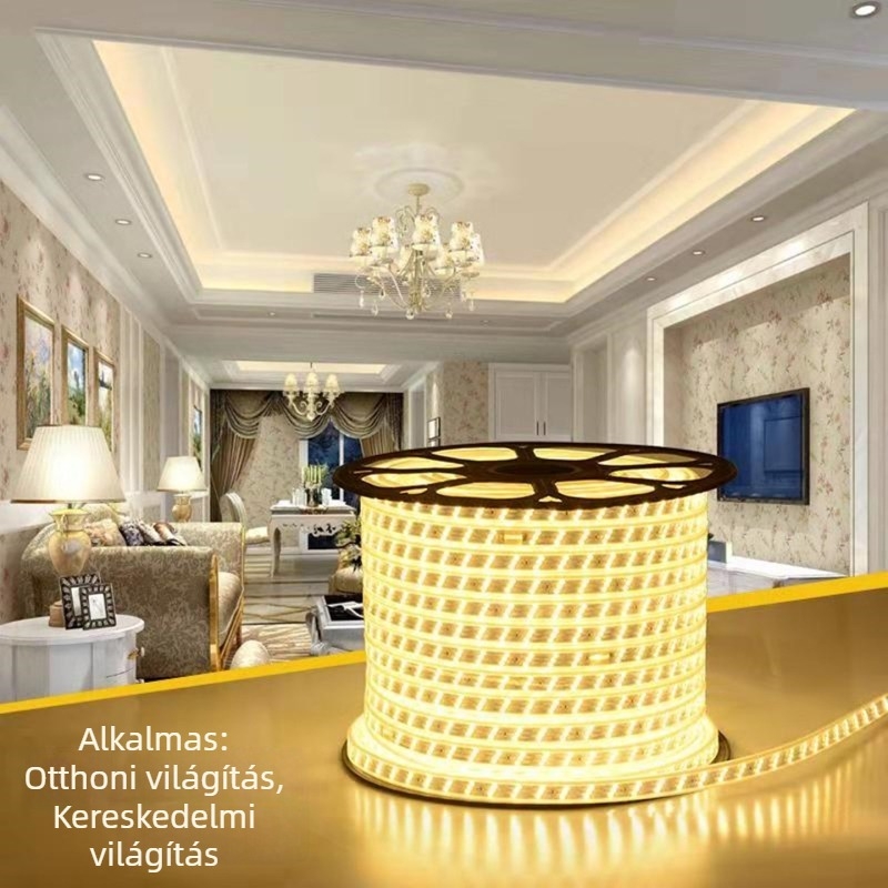 LED szalag 2835, 180 LED, 220V, vízálló, teljes tekercs, beltéri/kültéri használatra, fényszög 120°