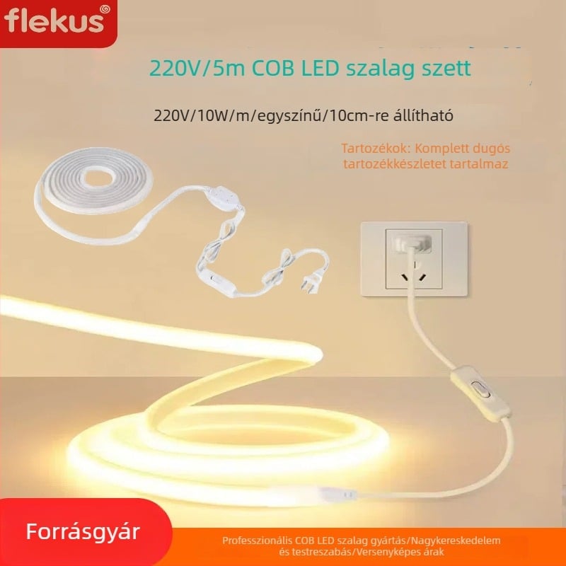 LED-szalag kapcsolóval, 220V, 5 m, éjjeliszekrényhez, nappalihoz, TV-szekrényhez, kültéri reklám