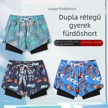 Két rétegű gyerek úszónadrág fiúknak, rajzolt mintával, gyorsan száradó