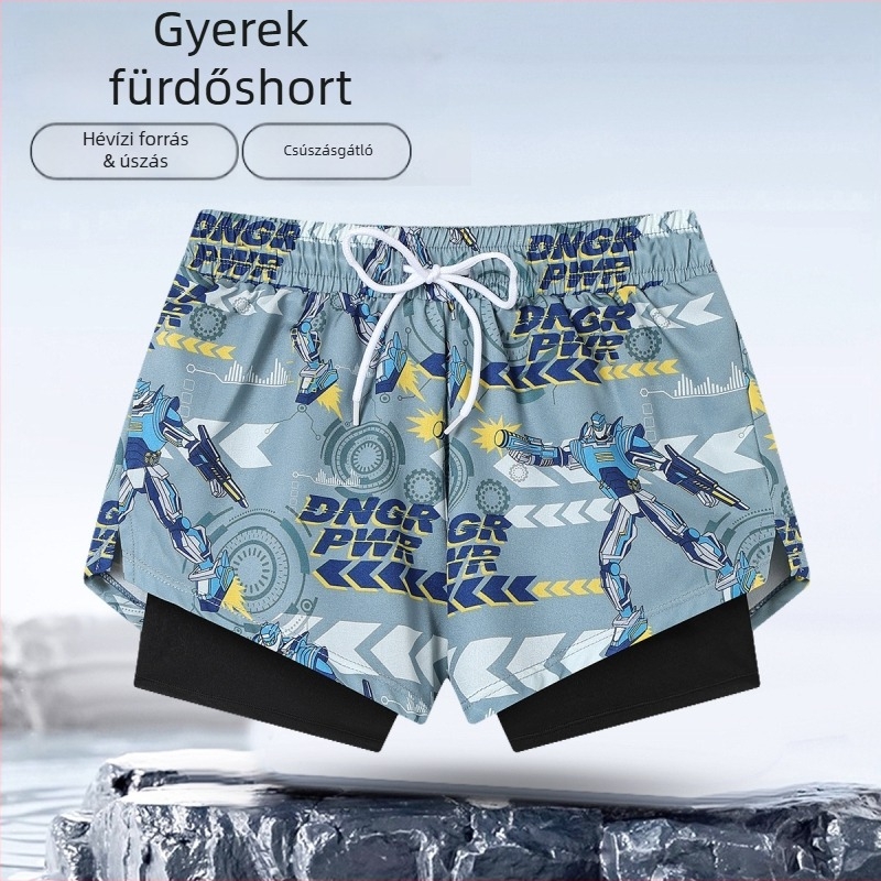 Két rétegű gyerek úszónadrág fiúknak, rajzolt mintával, gyorsan száradó