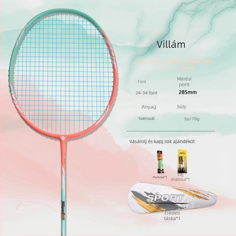 Páros bádminton ütő teljes karbon vázú, 5U, könnyű, kezdő és haladó edzésekre és versenyekre, egyenes ütés, 75–79 g, fogás G5