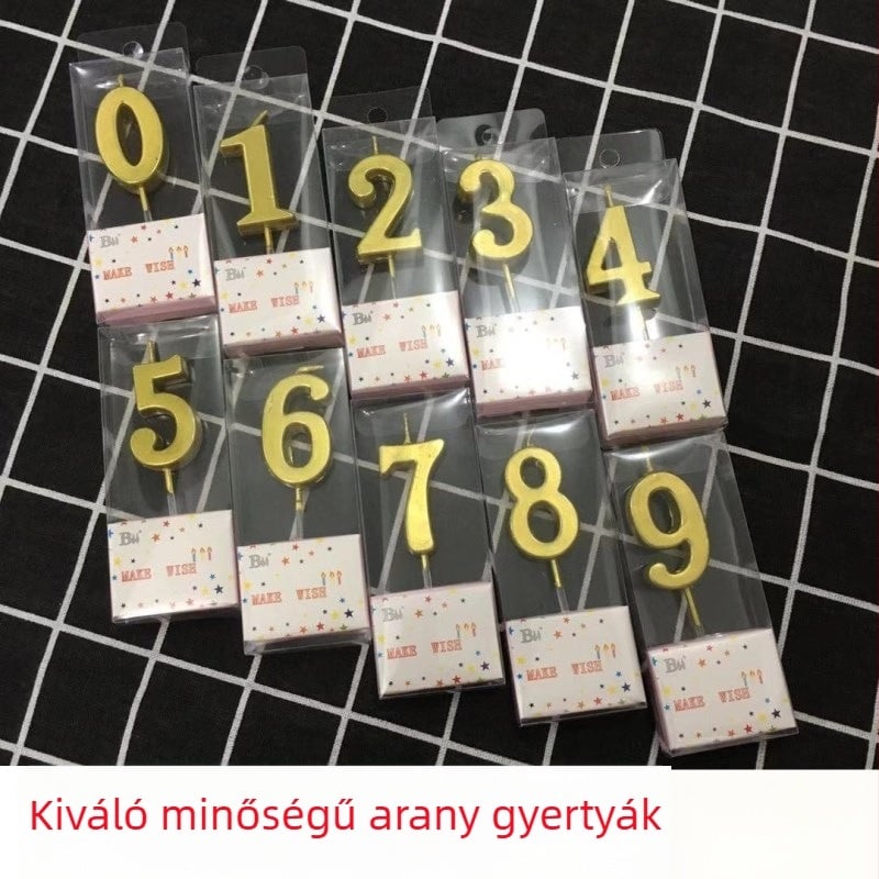 Arany színű számgyertyák tortára, kiváló minőségű, PVC dobozos, egyenként csomagolva.