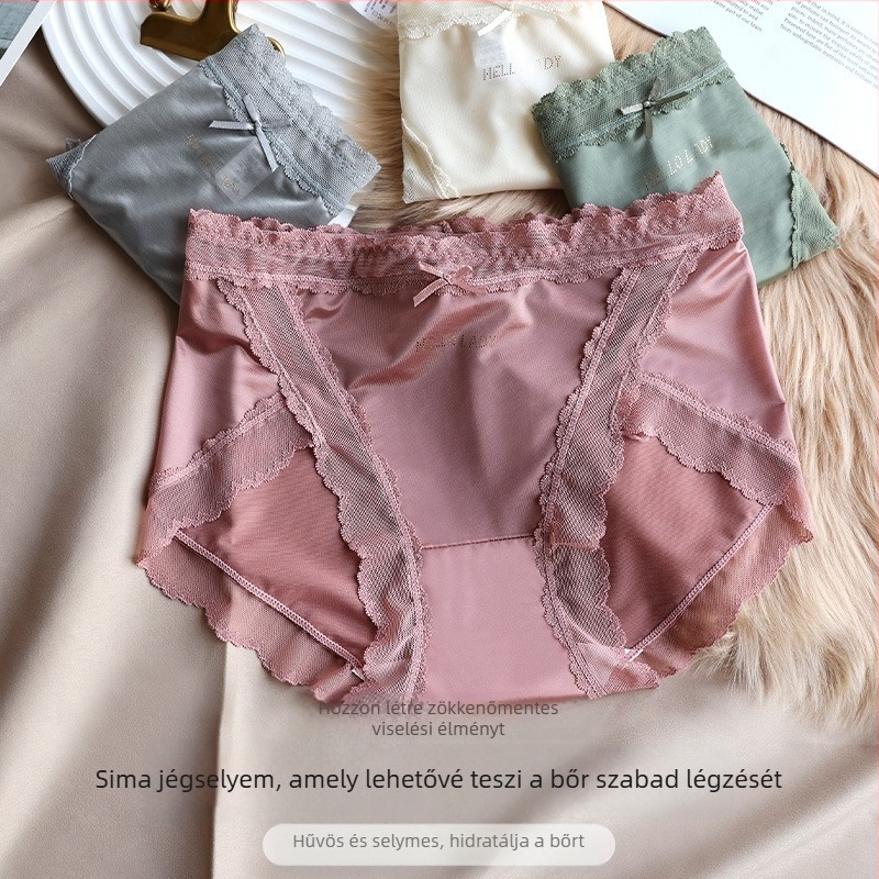 Vékony ice-silk női alsónemű, középmagas derekú, csipkés szegéllyel és pamut betéttel a lágyéknál, légáteresztő