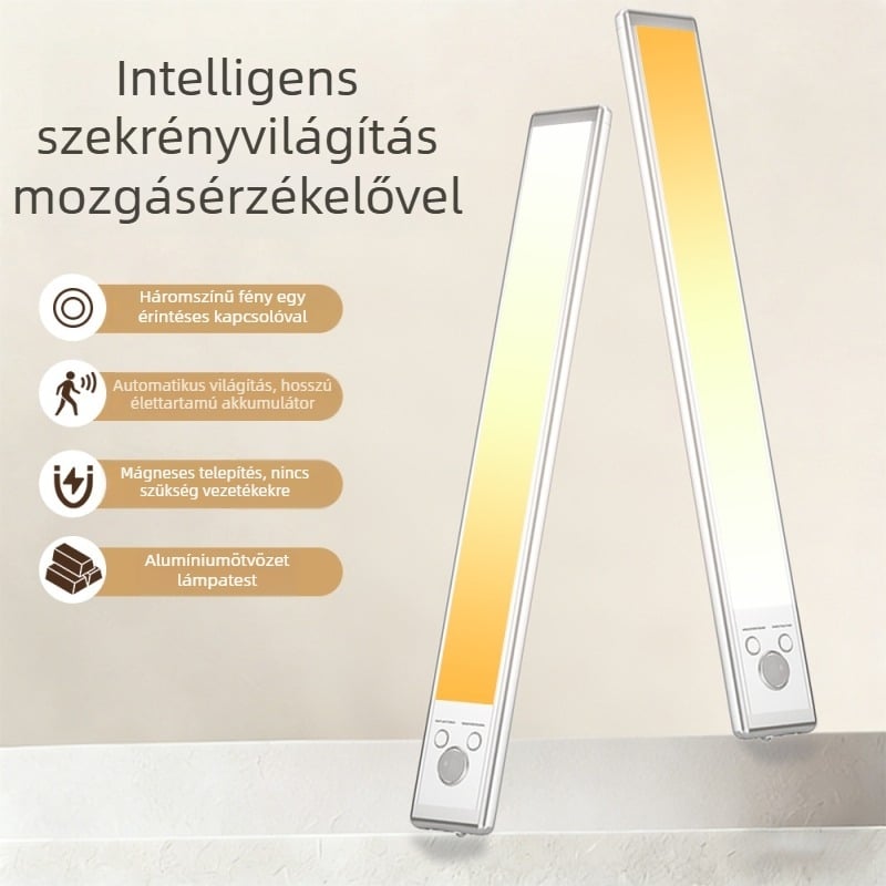 Szekrény alatti világítás mozgásérzékelővel, három színhőmérséklet, mágneses rögzítés, újratölthető LED-szalag, intelligens asztali lámpa