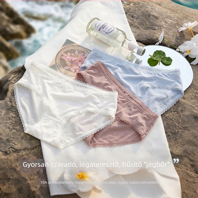 Varrás nélküli női alsó Ice Silk csipkével, pamut bélés, háromszög fazon, vékony nyári