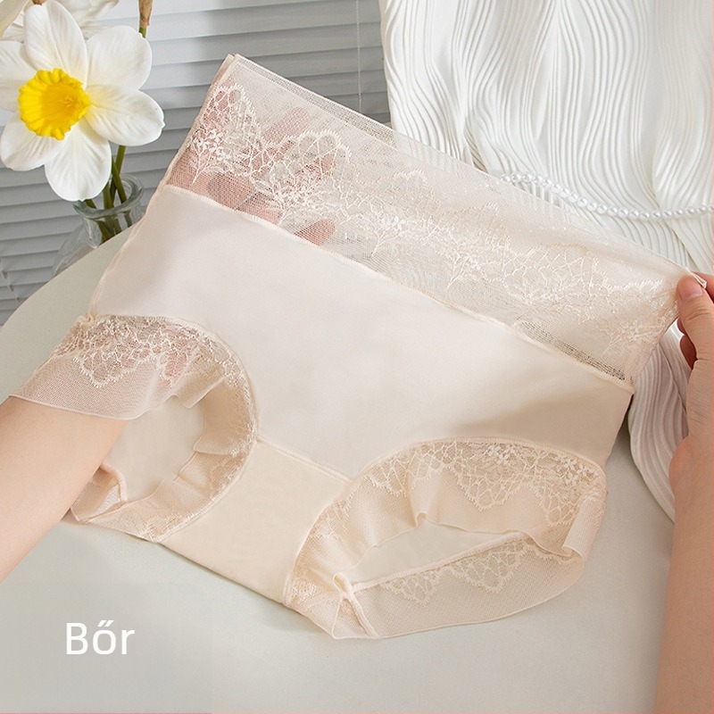 Francia stílusú magas derekú ice-silk alsónemű, varrat nélküli, lélegző, antibakteriális intim zóna és csipke