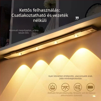 LED mozgásérzékelős világítás, ultra vékony hosszú fénycsík ruhásszekrényekhez és szekrényekhez, háromszínű világítás, Öntapadós fénycsík