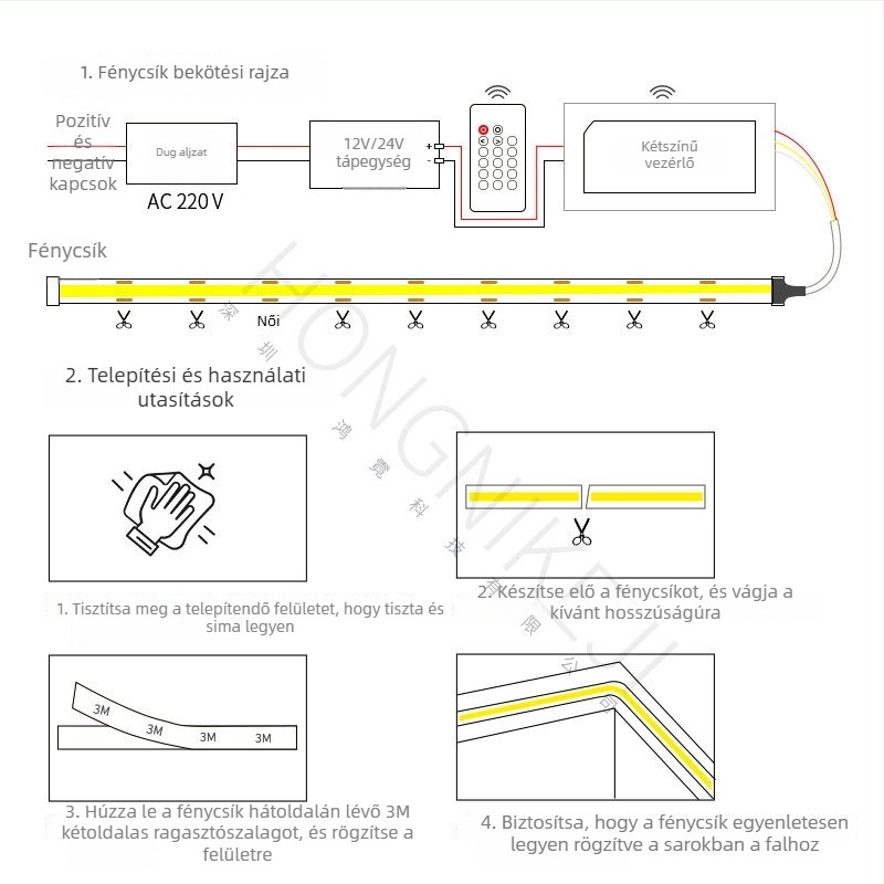 COB LED szalag fokozatmentes fényerő-szabályozással, háromszínű beállítható fény, lineáris beltéri világítás 24V-tal, intelligens dimmelés