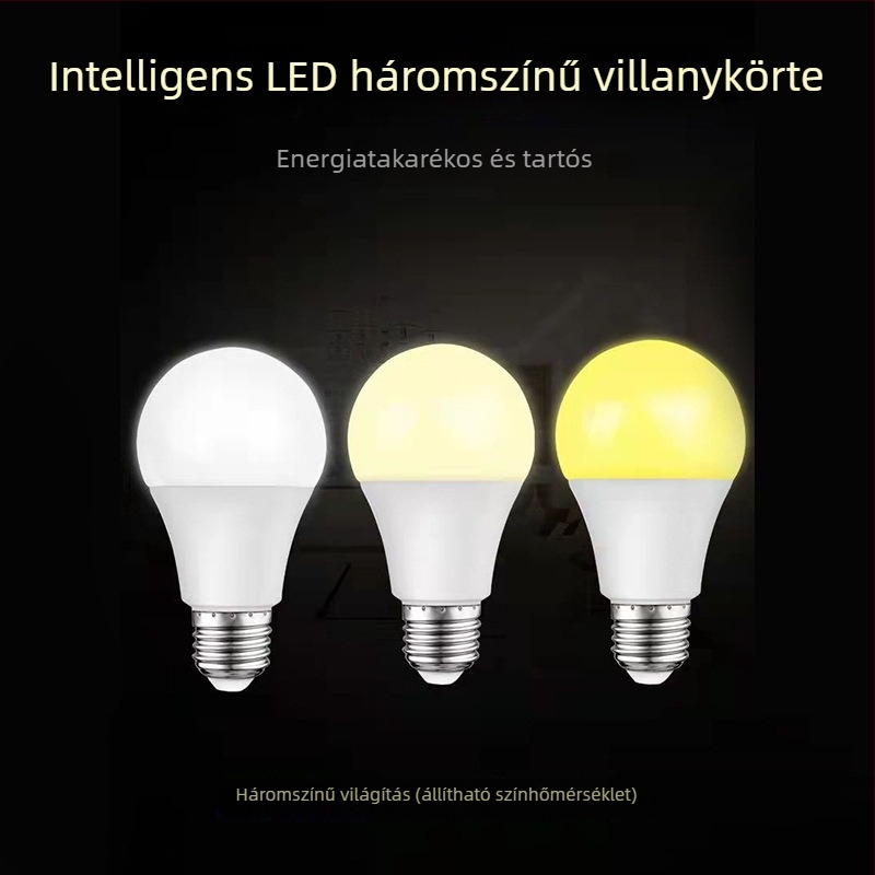 E27 LED izzó, 3/5/7/9W opciókkal, kettős színvilág, háromszintű fényerő-szabályozás, 360° sugárzás, erős fényerő