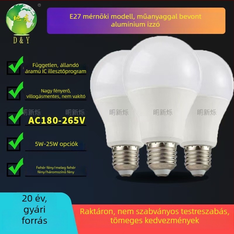 A60 LED izzó E27-es foglalattal, magas fényerő, energiatakarékos, műanyag bevonatú alumínium ház, flicker-mentes, három színhőmérséklet, otthoni használatra