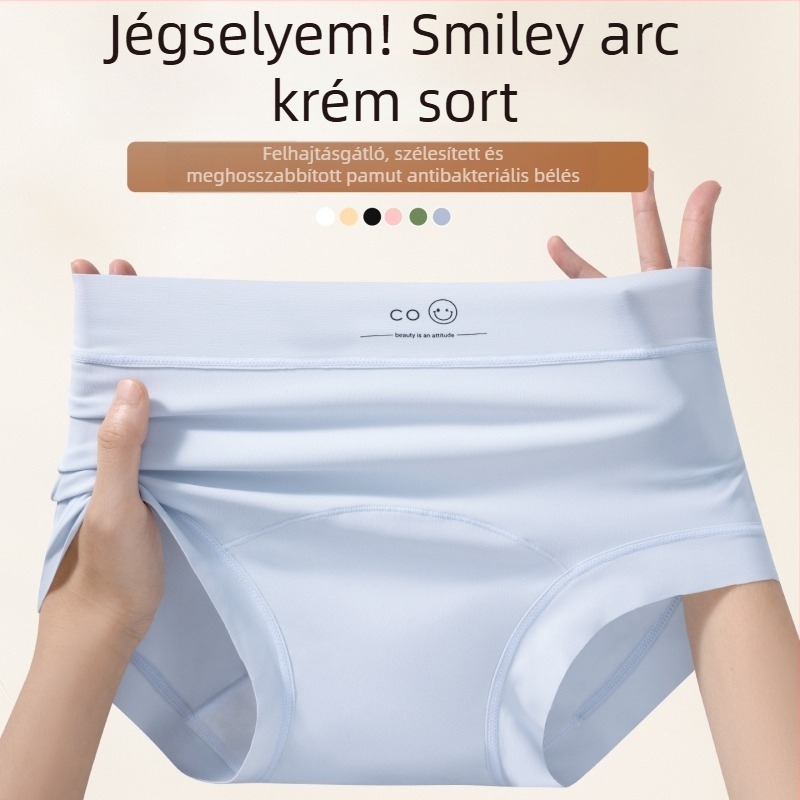 Női jég-selyem bugyi mosolygós mintával, meghosszabbított ágyékkal, pamut bélés az ágyéknál, antibakteriális zóna, középmagas derekú