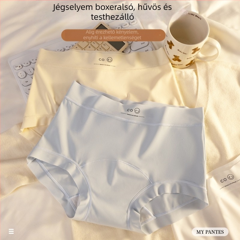 Női jég-selyem bugyi mosolygós mintával, meghosszabbított ágyékkal, pamut bélés az ágyéknál, antibakteriális zóna, középmagas derekú