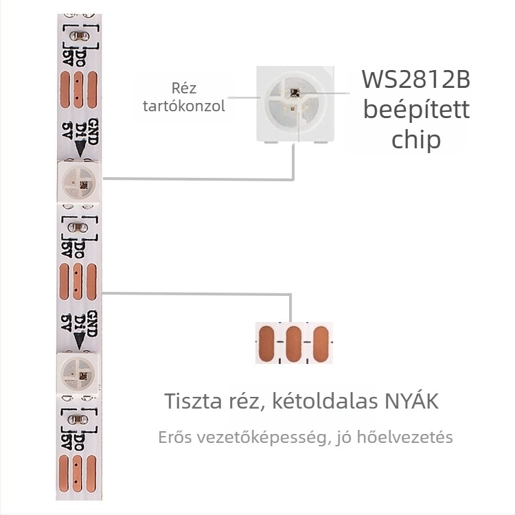 USB számítógép-ház LED-szalag, RGB, 5V, 4 mm széles, WS2812B, 60 LED, 120° fénysugár, szabályozható