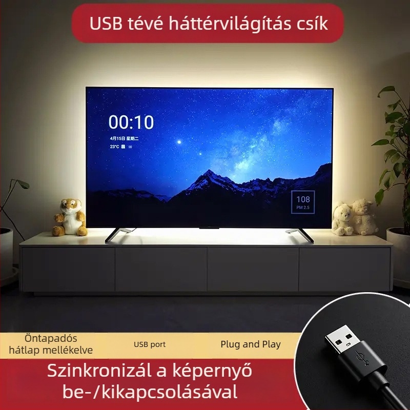 5V-os egyszínű LED-szalag televíziós háttérhez USB-s érzékelő interfésszel, ultra vékony öntapadós falfény