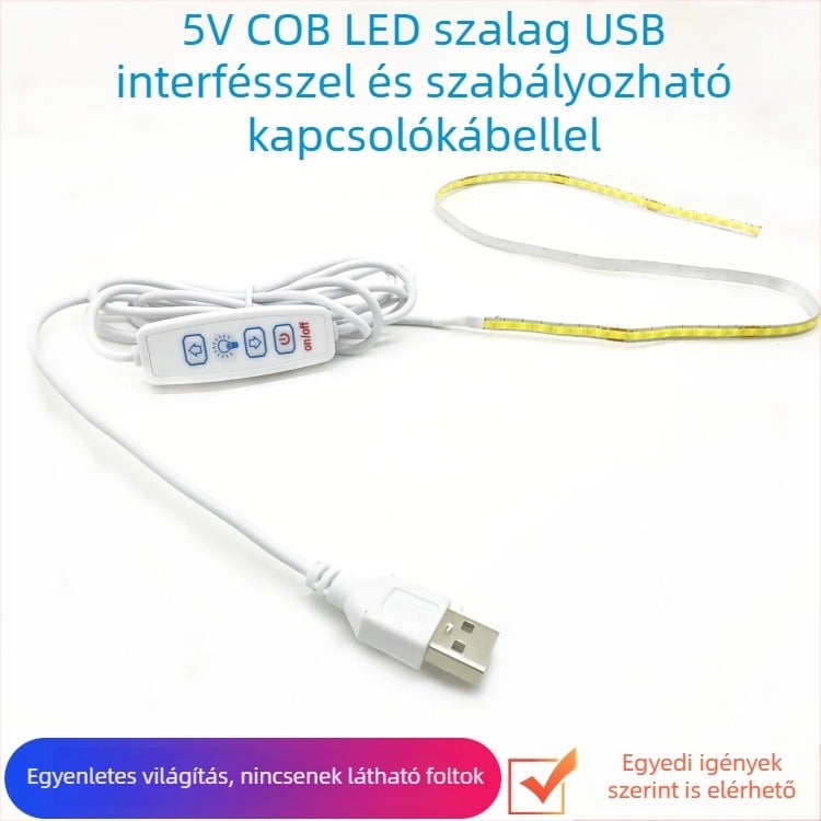 Shun Yi 2835 COB LED szalag, 1 m, 5 mm széles, 5V állítható, 300 LED, 10 W, vízálló, USB tápegység, egyszínű kézműves világítás