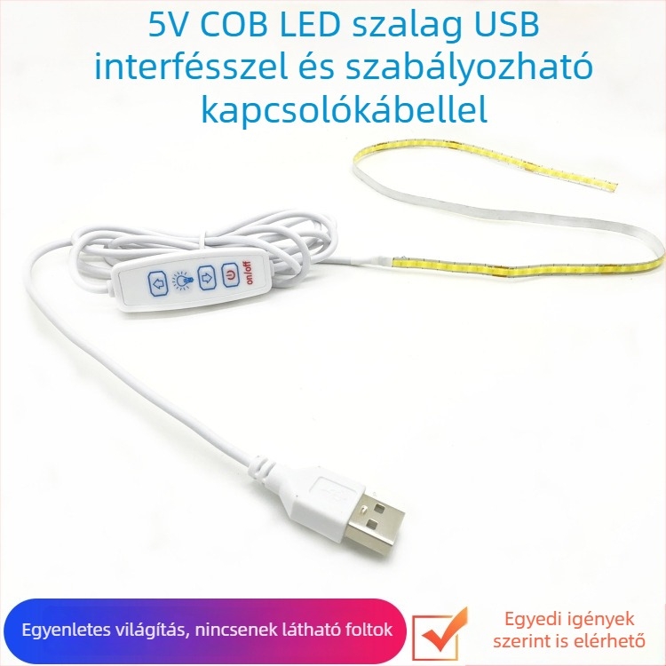 Shun Yi 2835 COB LED szalag, 1 m, 5 mm széles, 5V állítható, 300 LED, 10 W, vízálló, USB tápegység, egyszínű kézműves világítás