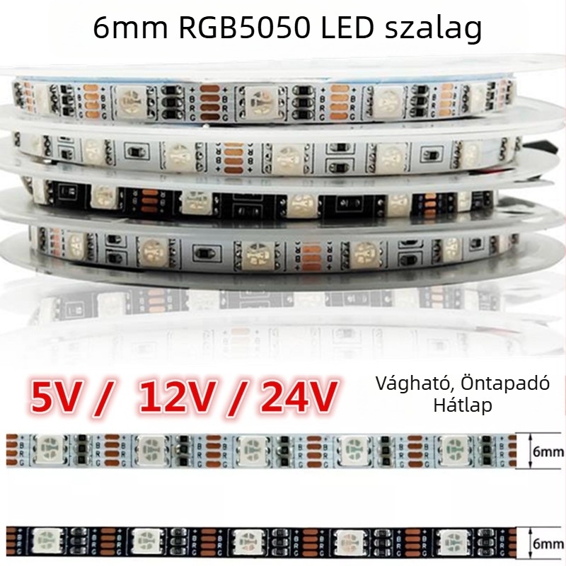 LED5050 keskeny verzió RGB LED-szalag, 6 mm széles, színváltó gradiens fénycsík, 12/5/24V