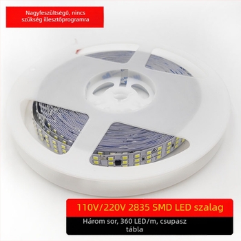 110V/220V kültéri LED-szalag, három soros, öntapadós, meghajtó nélküli, 2835 LED-ek, összesen 360 LED, 10W, CRI 90, 180° fénykör