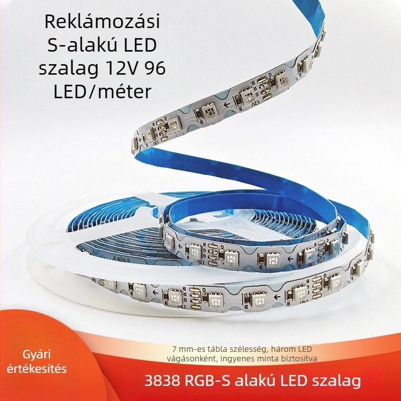 Színes S-alakú RGB LED-szalag reklámhoz, 12V, 96 LED, 7 mm szélesség, neonfényű betűk, színváltó fény