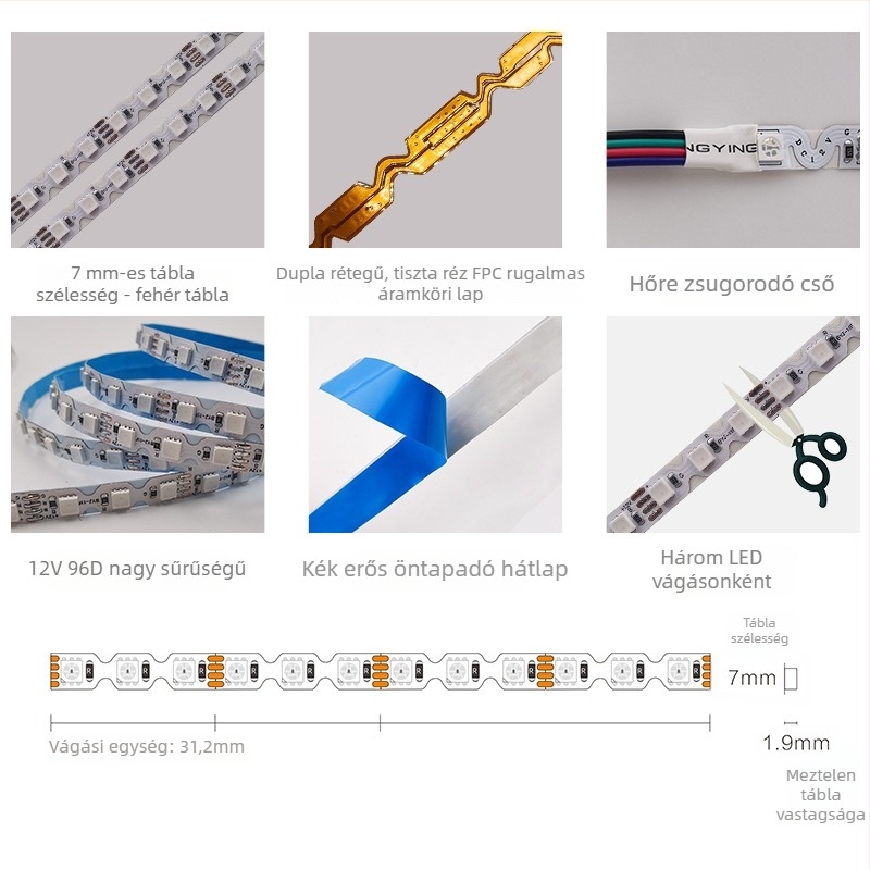 Színes S-alakú RGB LED-szalag reklámhoz, 12V, 96 LED, 7 mm szélesség, neonfényű betűk, színváltó fény
