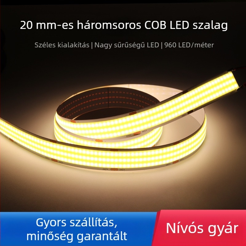 20 mm széles COB LED szalag három sor LED-del, alacsony feszültség, flickermentes, magas CRI, hangulatos dekoratív világítás, öntapadós