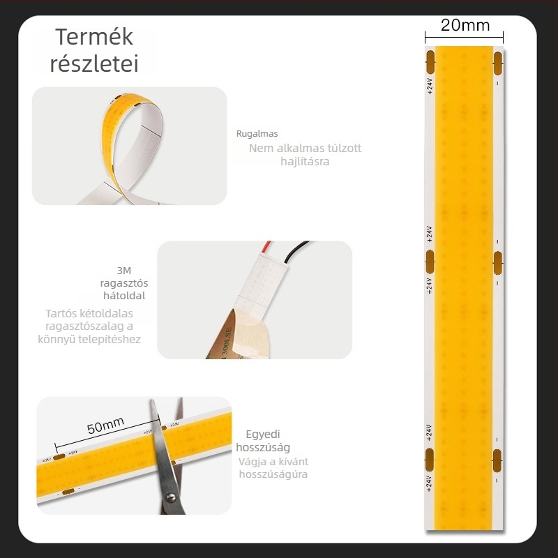 20 mm széles COB LED szalag három sor LED-del, alacsony feszültség, flickermentes, magas CRI, hangulatos dekoratív világítás, öntapadós