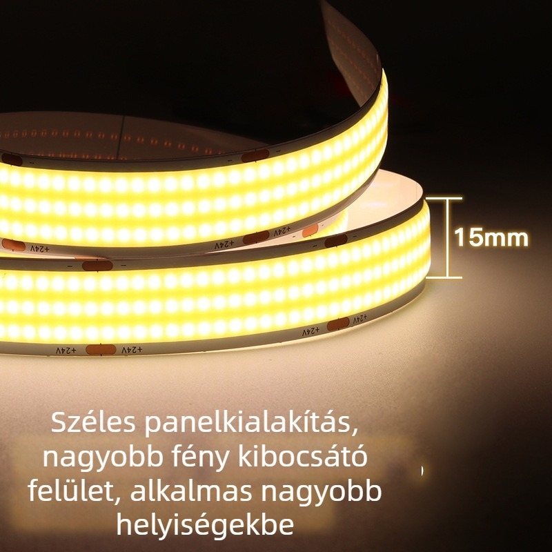 20 mm széles COB LED szalag három sor LED-del, alacsony feszültség, flickermentes, magas CRI, hangulatos dekoratív világítás, öntapadós
