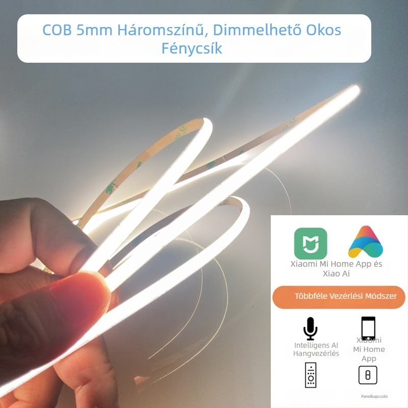 24V-os dimmelhető COB LED szalag háromszín opcióval és kétszínű LED-szalaggal, öntapadós, beltéri nappali világításhoz