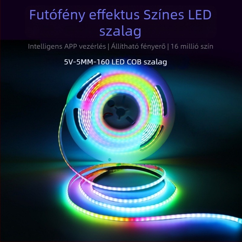 5V-os COB LED szalag, 5 mm széles, 2812, egypontos vezérlés, folyó fényhatás, RGB, 160 LED
