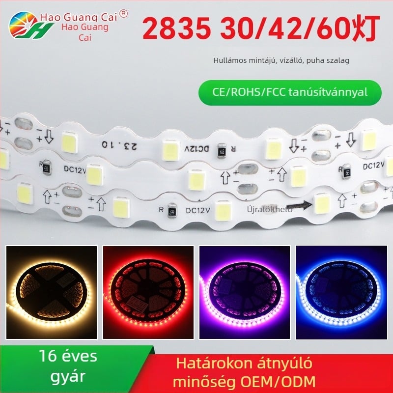 S alakú LED-szalag, 12V, 60 LED, vízálló, hajlítható, 2835-ös chip, nagy fényerő, 50 m tekercs