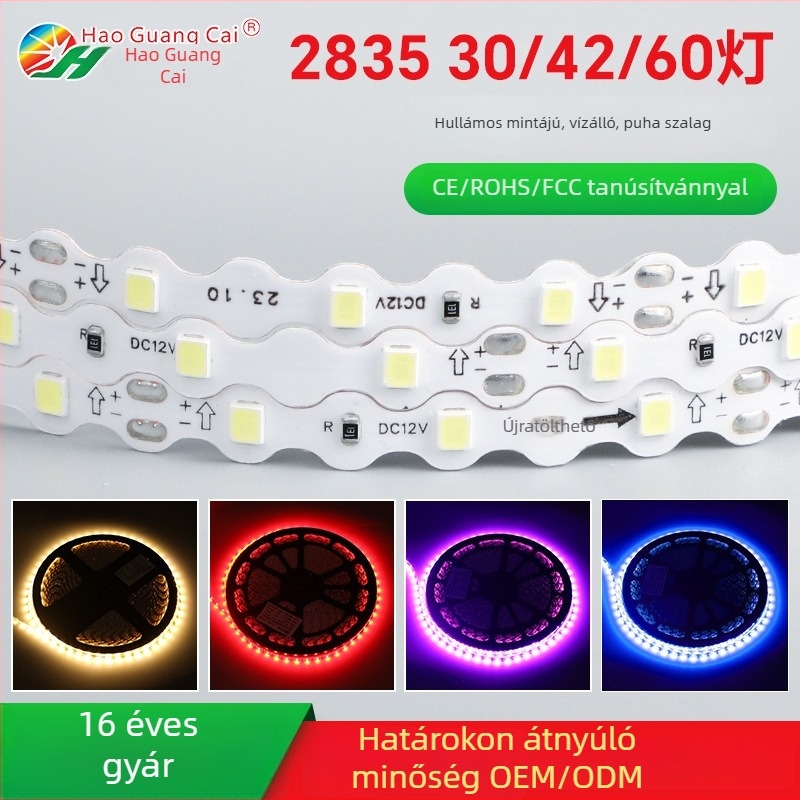 S alakú LED-szalag, 12V, 60 LED, vízálló, hajlítható, 2835-ös chip, nagy fényerő, 50 m tekercs