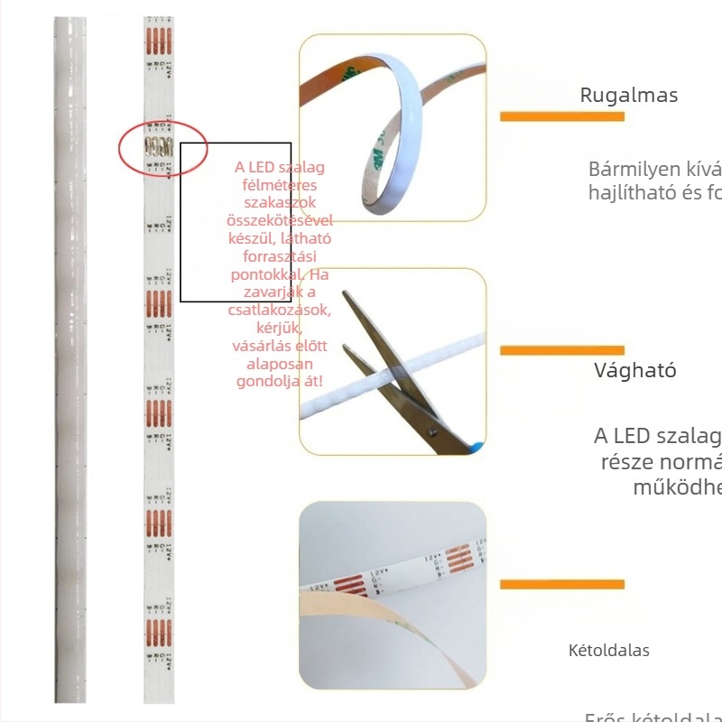 12V-os, 5mm széles COB LED szalag, RGB dekoratív öntapadós szekrényvilágítás, ultra-fényes, háromszínű mód