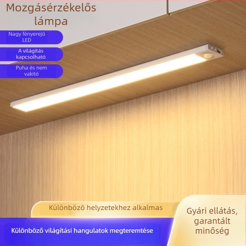 Ultra vékony LED-szalag mozgásérzékelővel, állítható fényerővel, újratölthető, öntapadós, szekrényekhez, ruhásszekrényekhez és borospultokhoz
